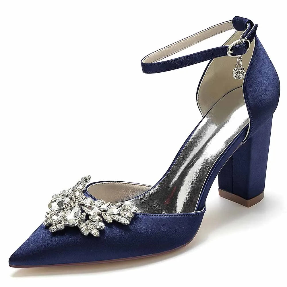 Women's Satin Closed Toe With Rhinestones Chunky Heel High Heels