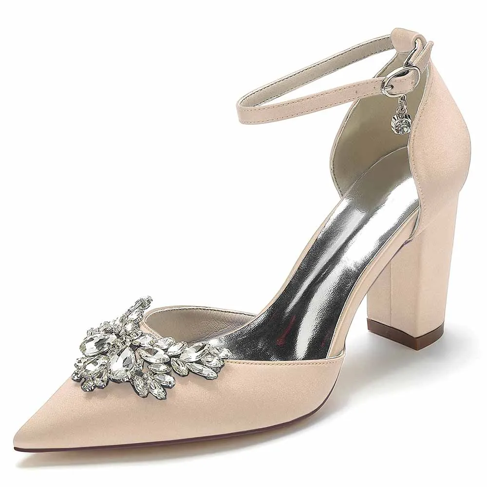 Women's Satin Closed Toe With Rhinestones Chunky Heel High Heels