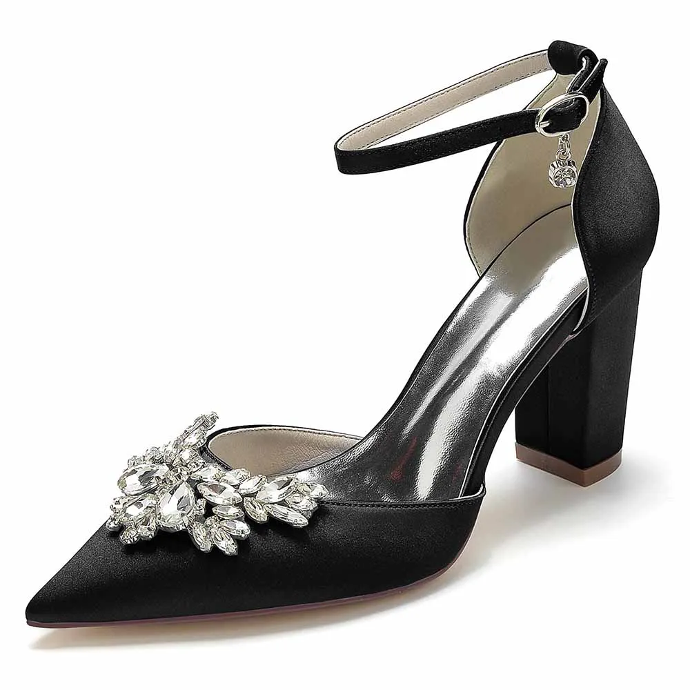 Women's Satin Closed Toe With Rhinestones Chunky Heel High Heels