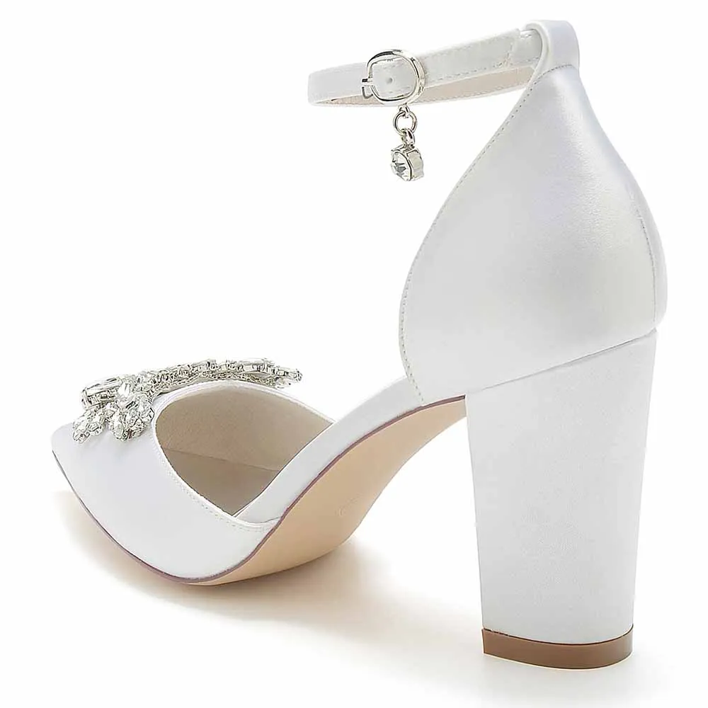 Women's Satin Closed Toe With Rhinestones Chunky Heel High Heels