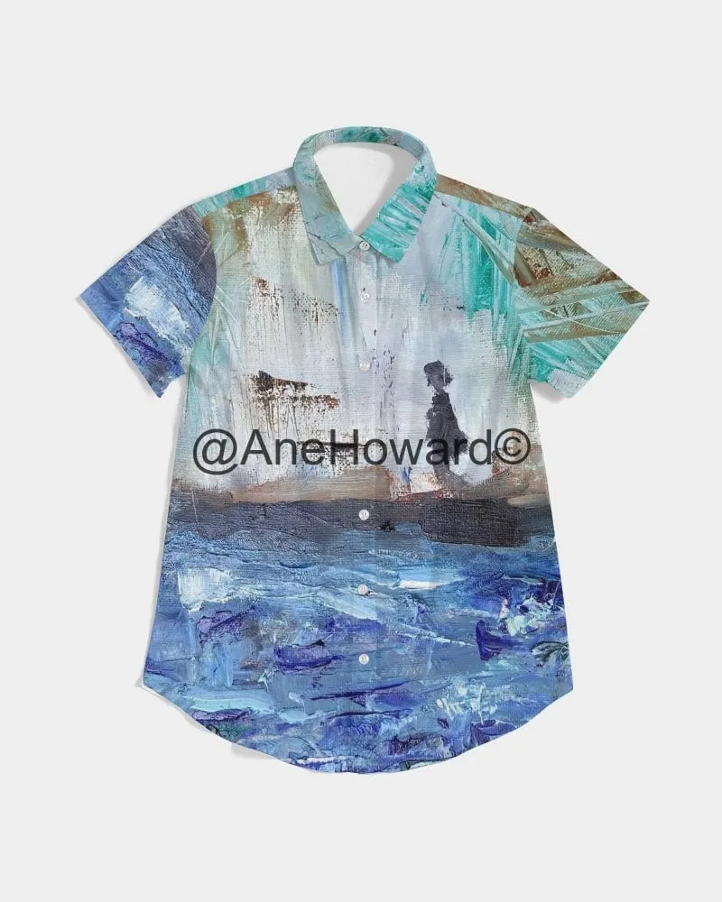 Women's Short Sleeve Button Up Shirt Walking at the Beach
