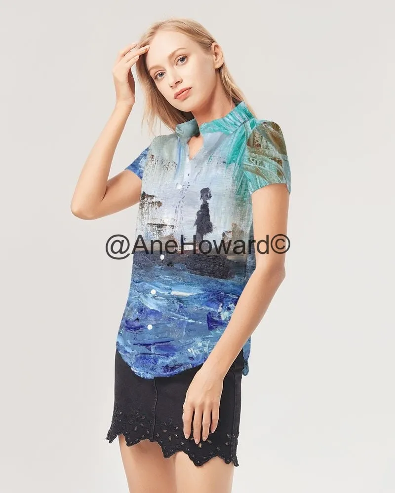 Women's Short Sleeve Button Up Shirt Walking at the Beach