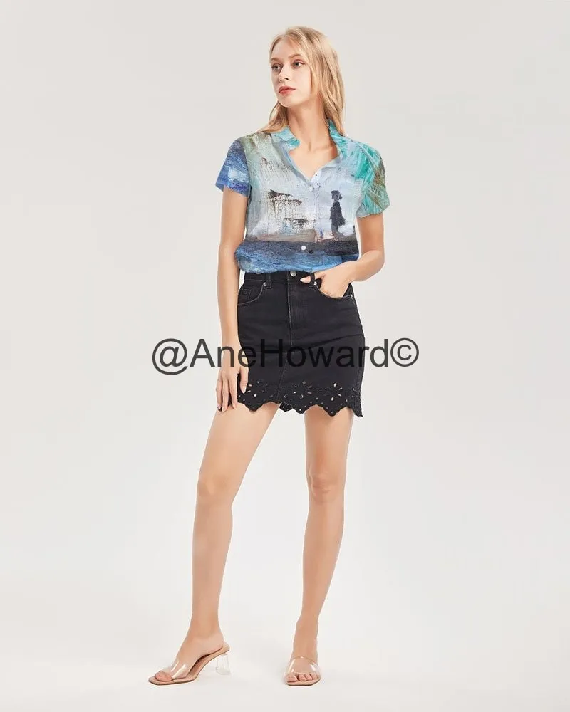 Women's Short Sleeve Button Up Shirt Walking at the Beach