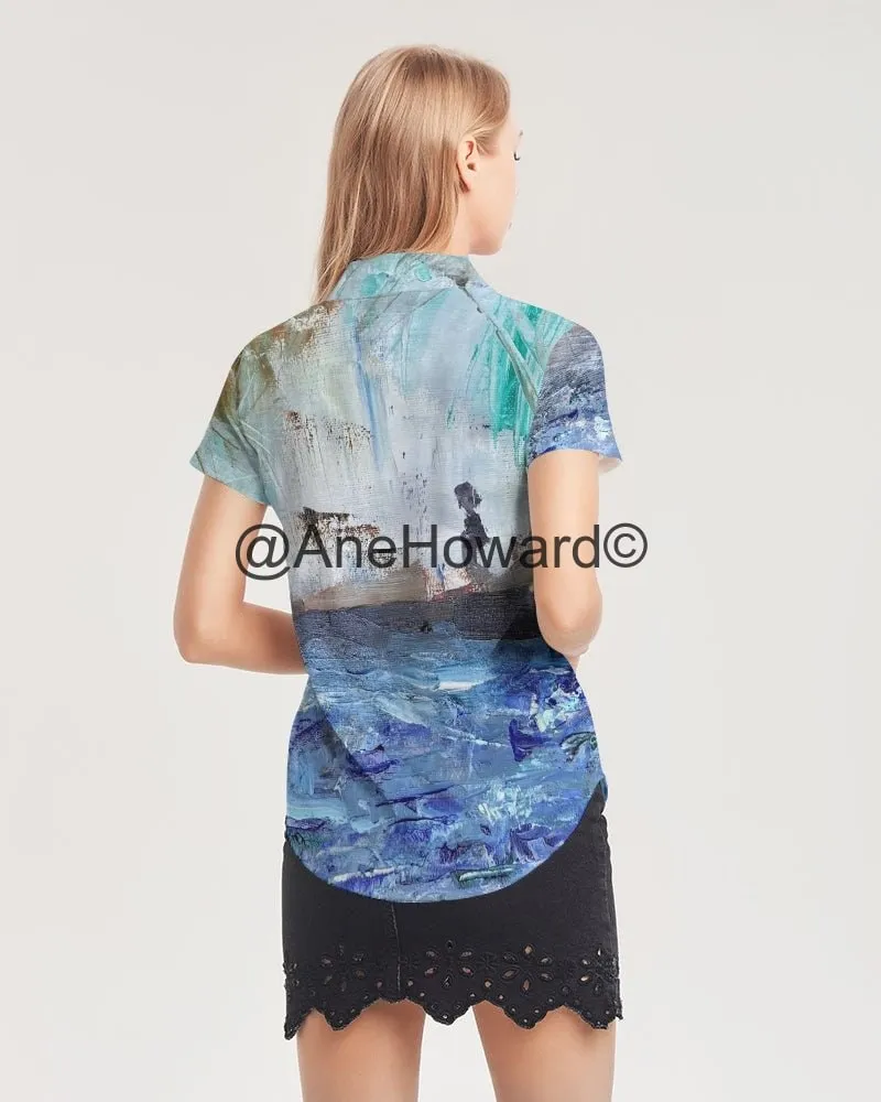 Women's Short Sleeve Button Up Shirt Walking at the Beach