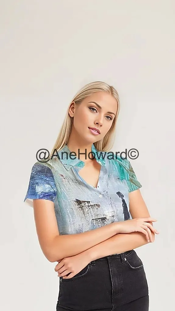 Women's Short Sleeve Button Up Shirt Walking at the Beach