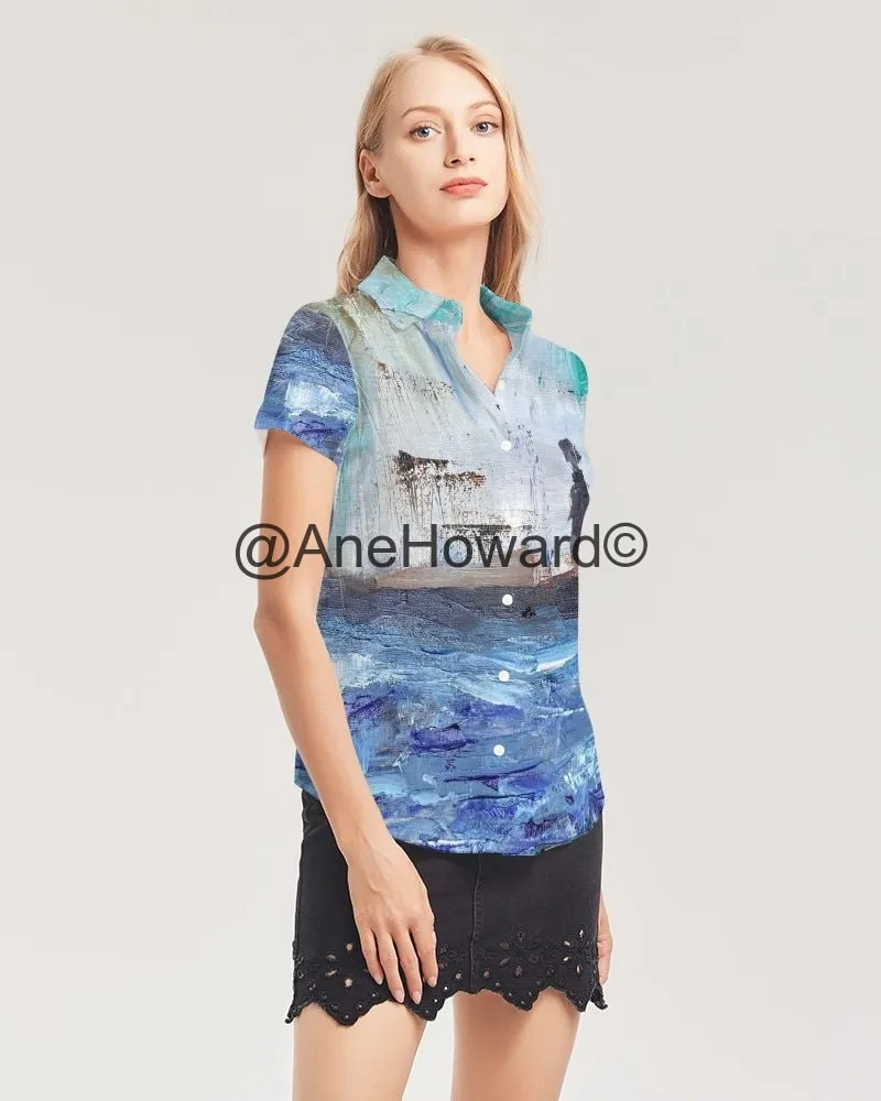 Women's Short Sleeve Button Up Shirt Walking at the Beach