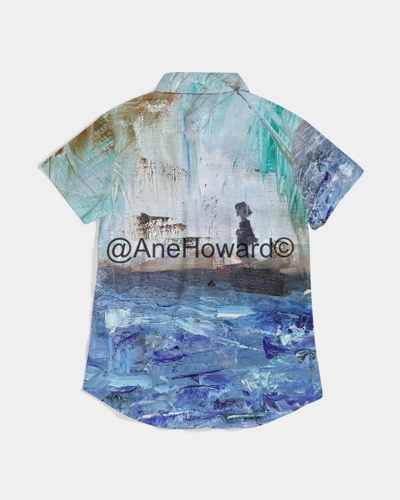 Women's Short Sleeve Button Up Shirt Walking at the Beach