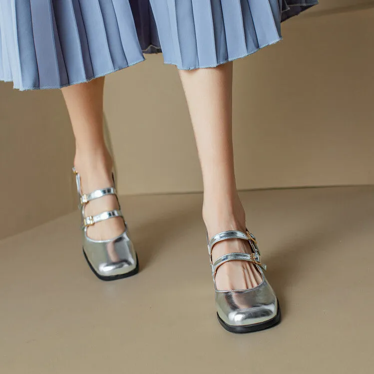 Women's Square Toe Mary Janes Slingbacks Block Heel Sandals