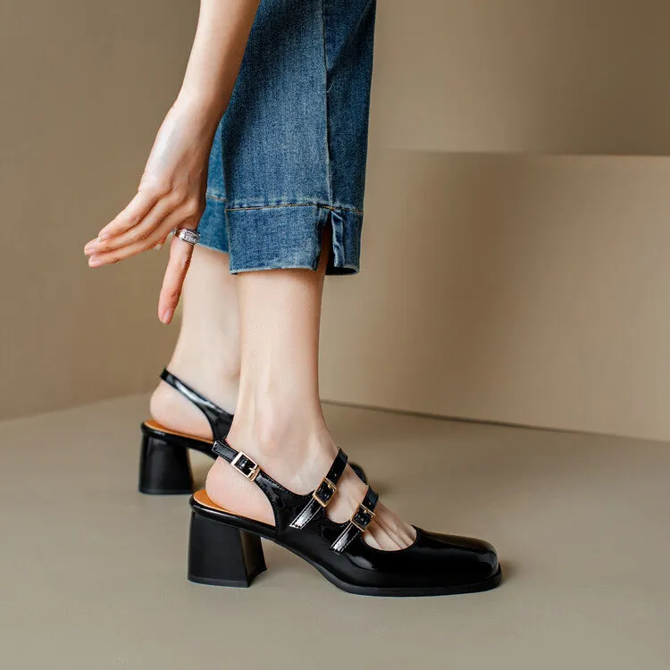 Women's Square Toe Mary Janes Slingbacks Block Heel Sandals