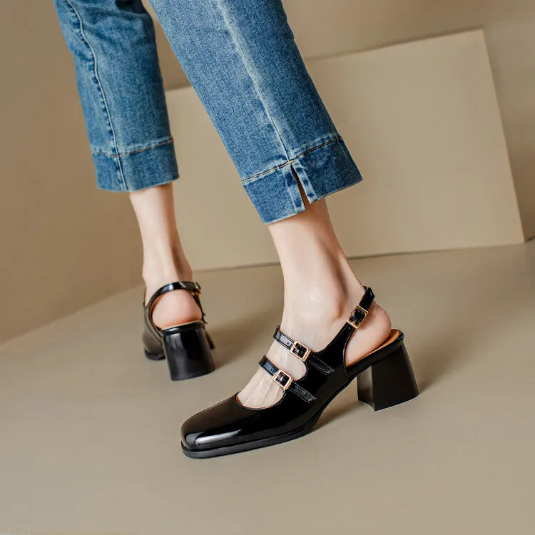 Women's Square Toe Mary Janes Slingbacks Block Heel Sandals