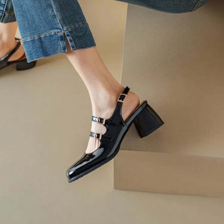 Women's Square Toe Mary Janes Slingbacks Block Heel Sandals