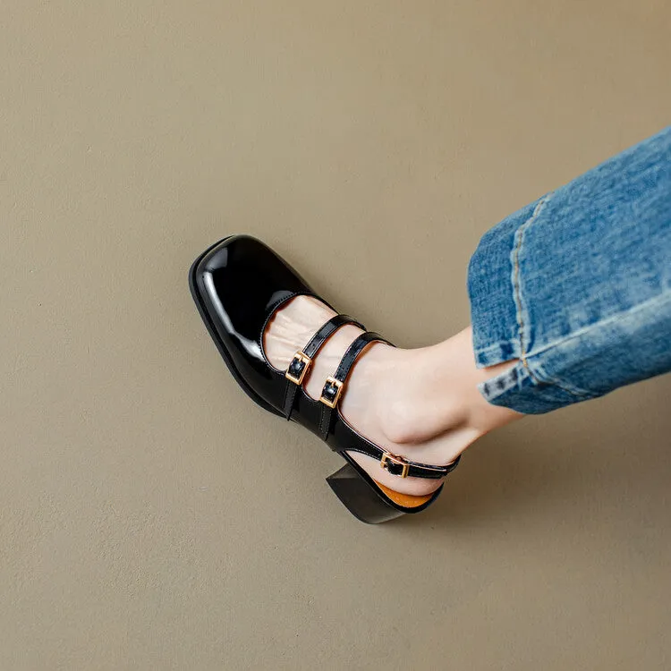 Women's Square Toe Mary Janes Slingbacks Block Heel Sandals