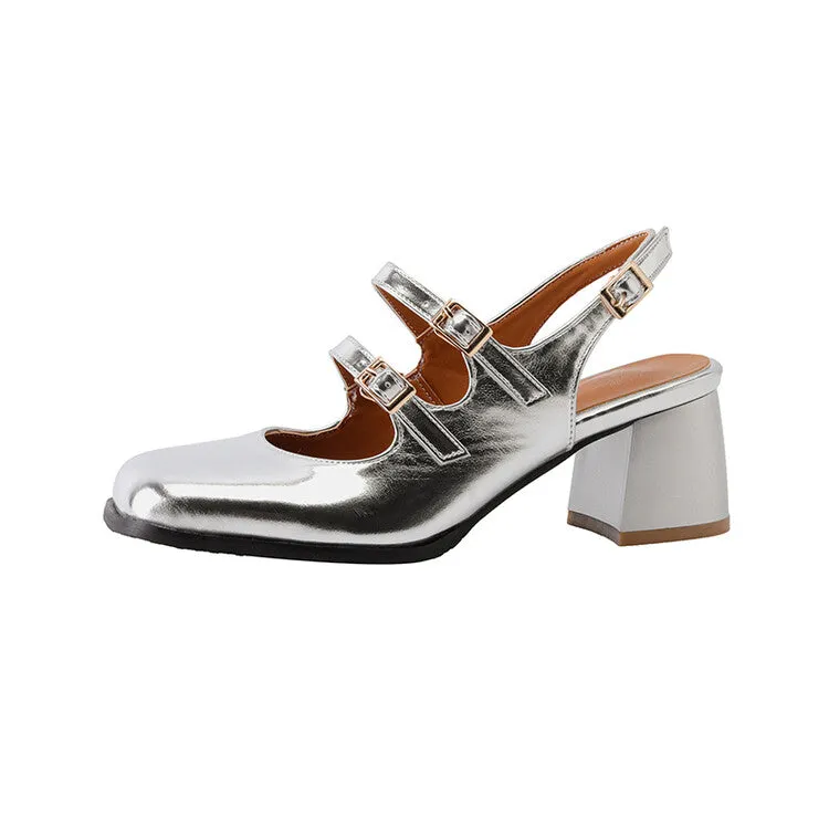 Women's Square Toe Mary Janes Slingbacks Block Heel Sandals