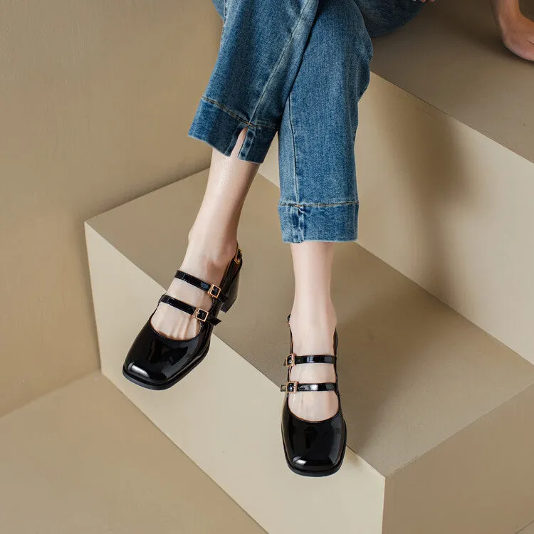 Women's Square Toe Mary Janes Slingbacks Block Heel Sandals