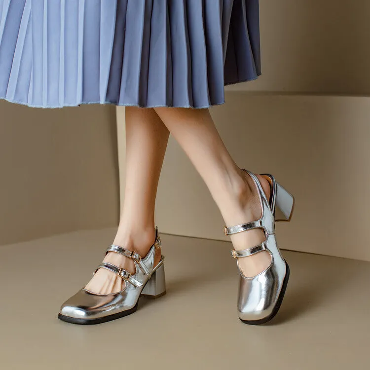 Women's Square Toe Mary Janes Slingbacks Block Heel Sandals
