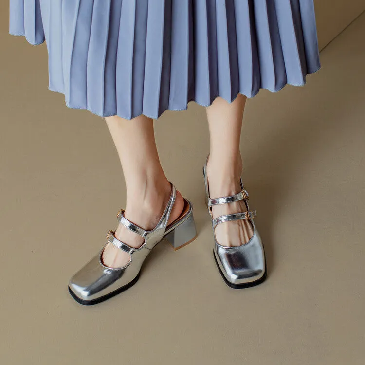 Women's Square Toe Mary Janes Slingbacks Block Heel Sandals