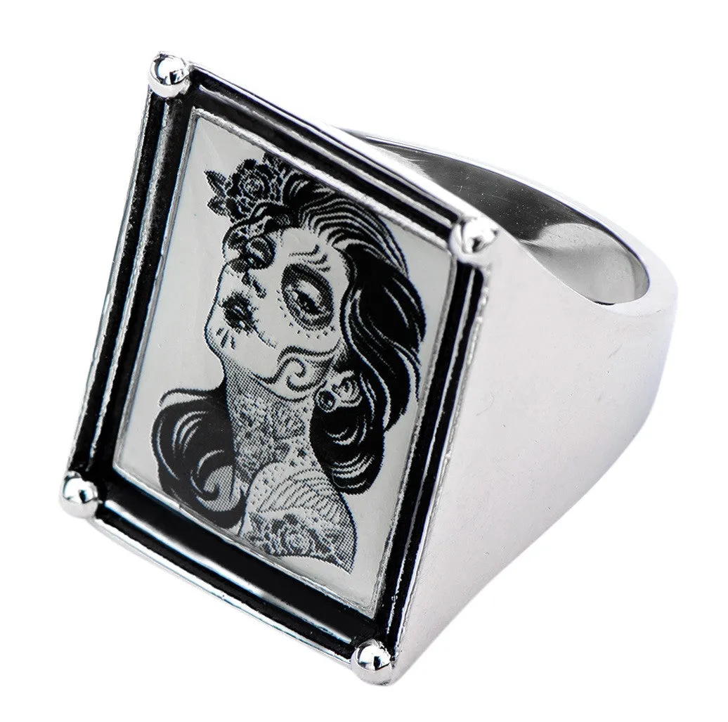 Women's Stainless Steel Day of the Dead-Girl Vintage Frame Ring.