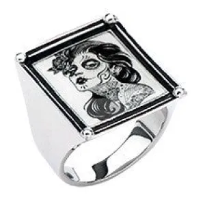 Women's Stainless Steel Day of the Dead-Girl Vintage Frame Ring.