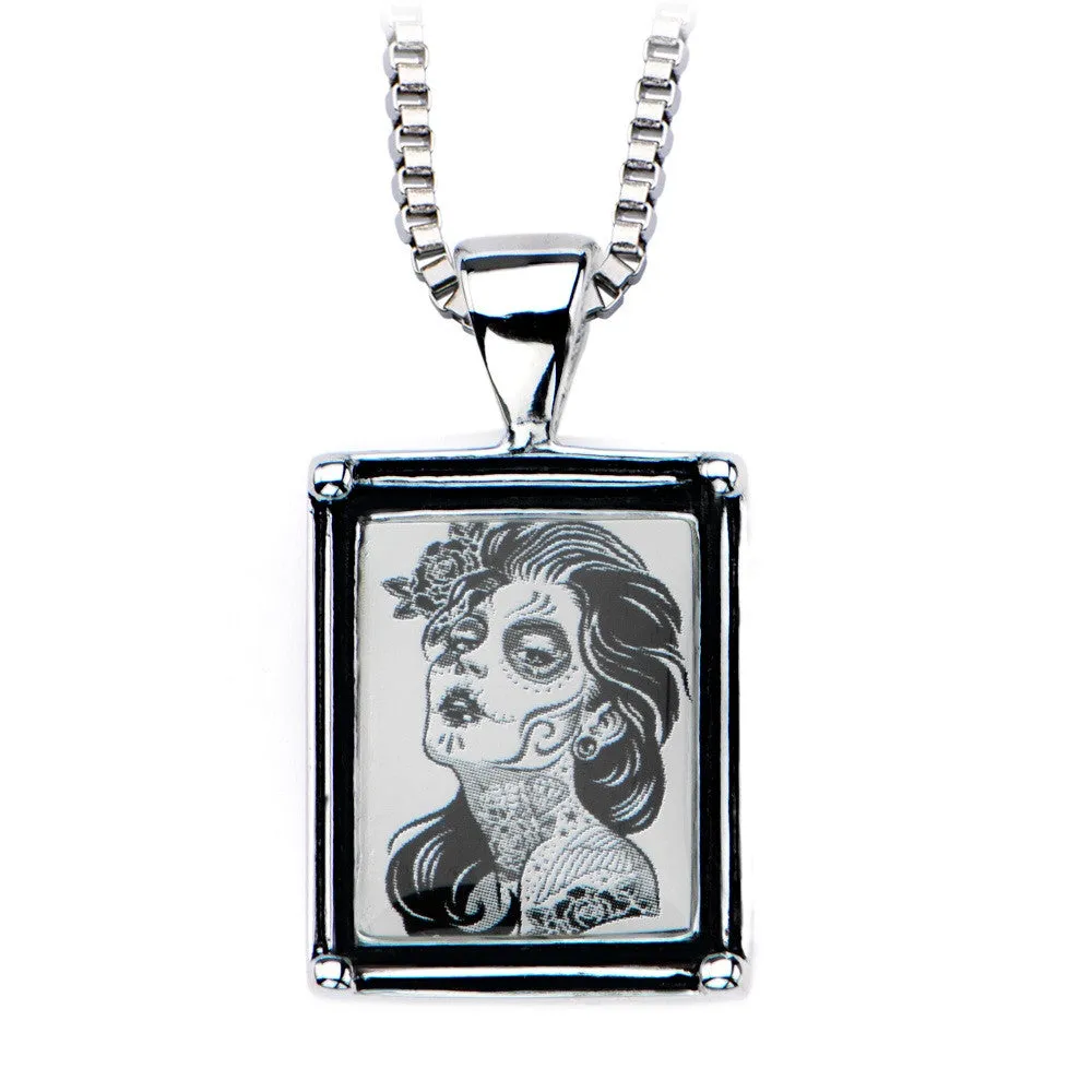 Women's Stainless Steel Necklace with Day of the Dead-Girl Vintage Frame Pendant.