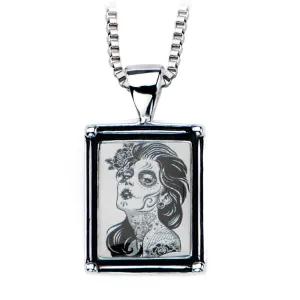 Women's Stainless Steel Necklace with Day of the Dead-Girl Vintage Frame Pendant.