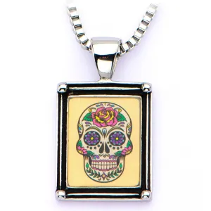 Women's Stainless Steel Necklace with Sugar Skull Vintage Frame Pendant