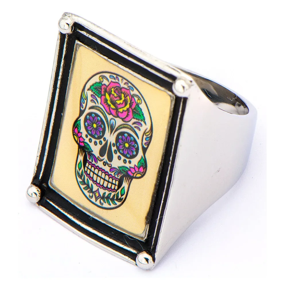 Women's Stainless Steel Sugar Skull Vintage Frame Ring