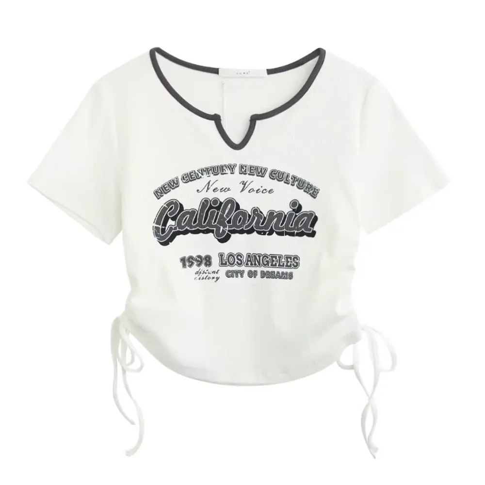 Women's Vintage Letter Drawstring T-shirt