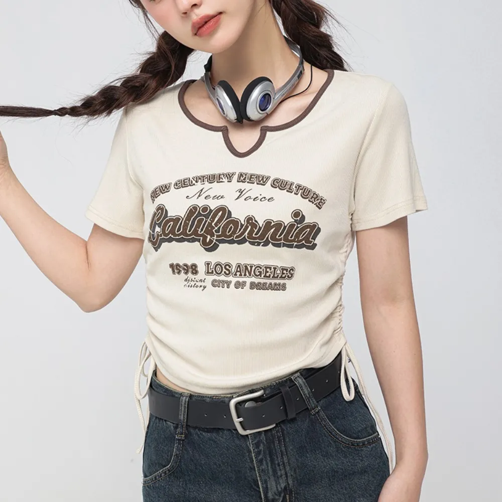 Women's Vintage Letter Drawstring T-shirt