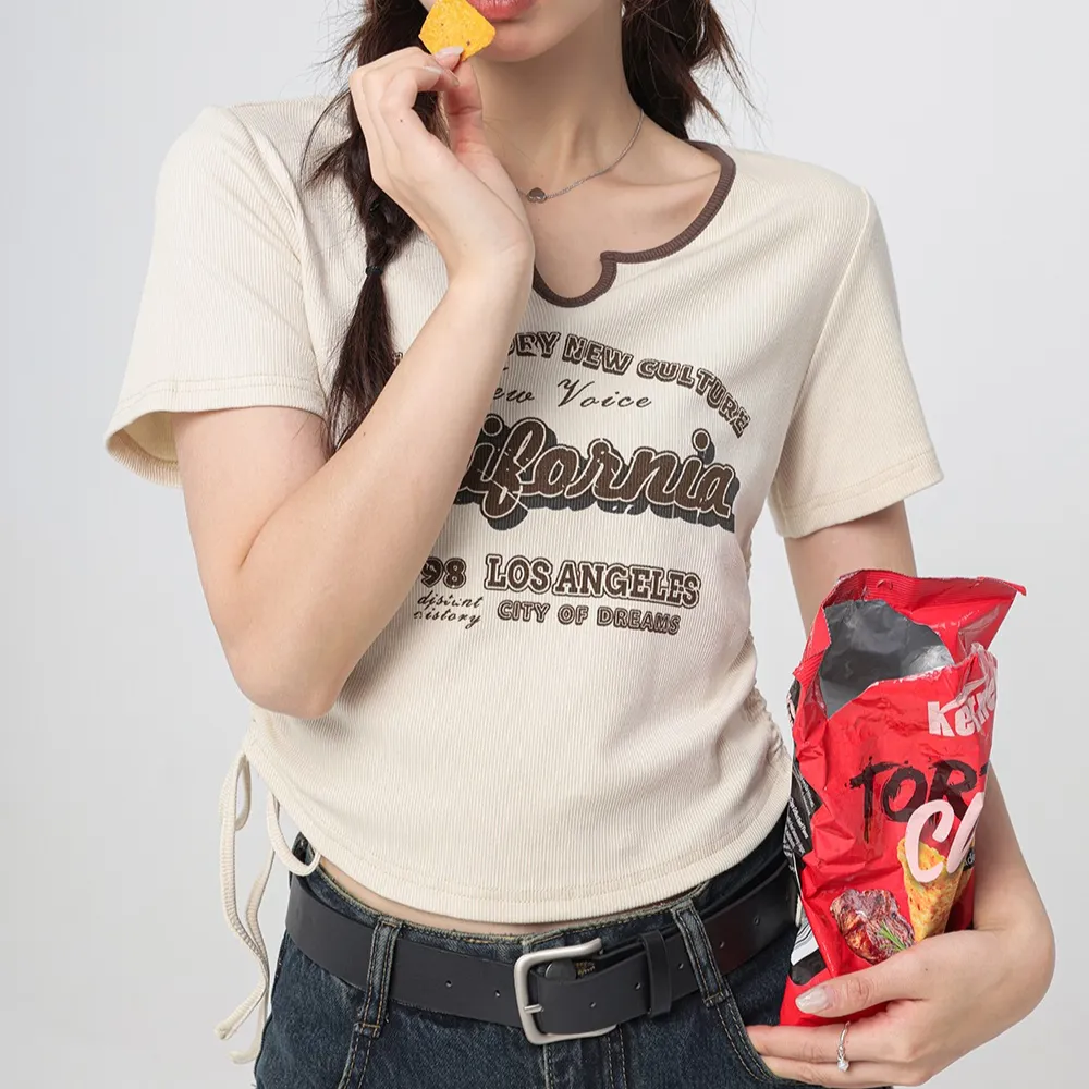 Women's Vintage Letter Drawstring T-shirt