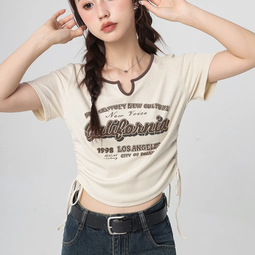 Women's Vintage Letter Drawstring T-shirt