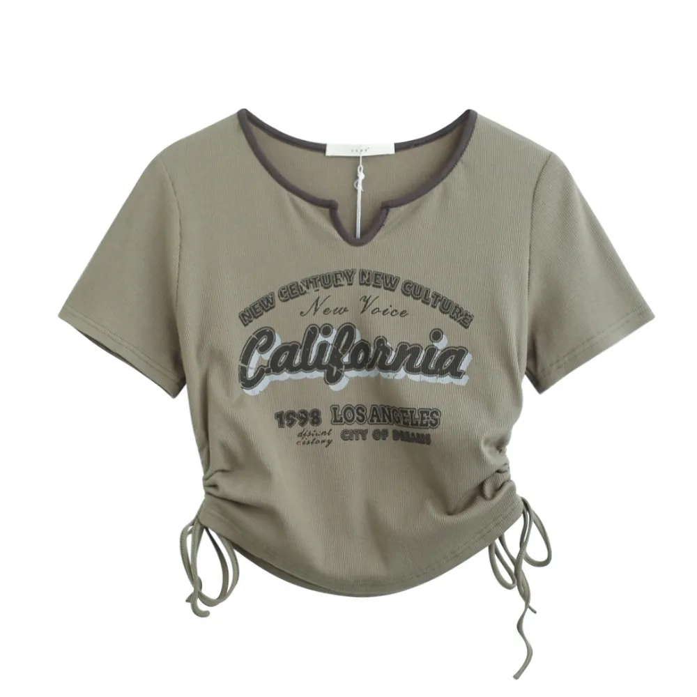 Women's Vintage Letter Drawstring T-shirt