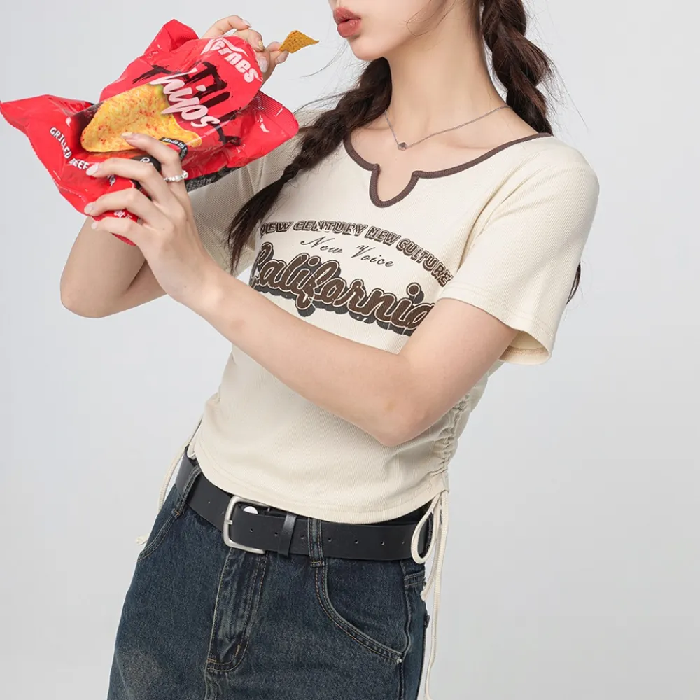 Women's Vintage Letter Drawstring T-shirt