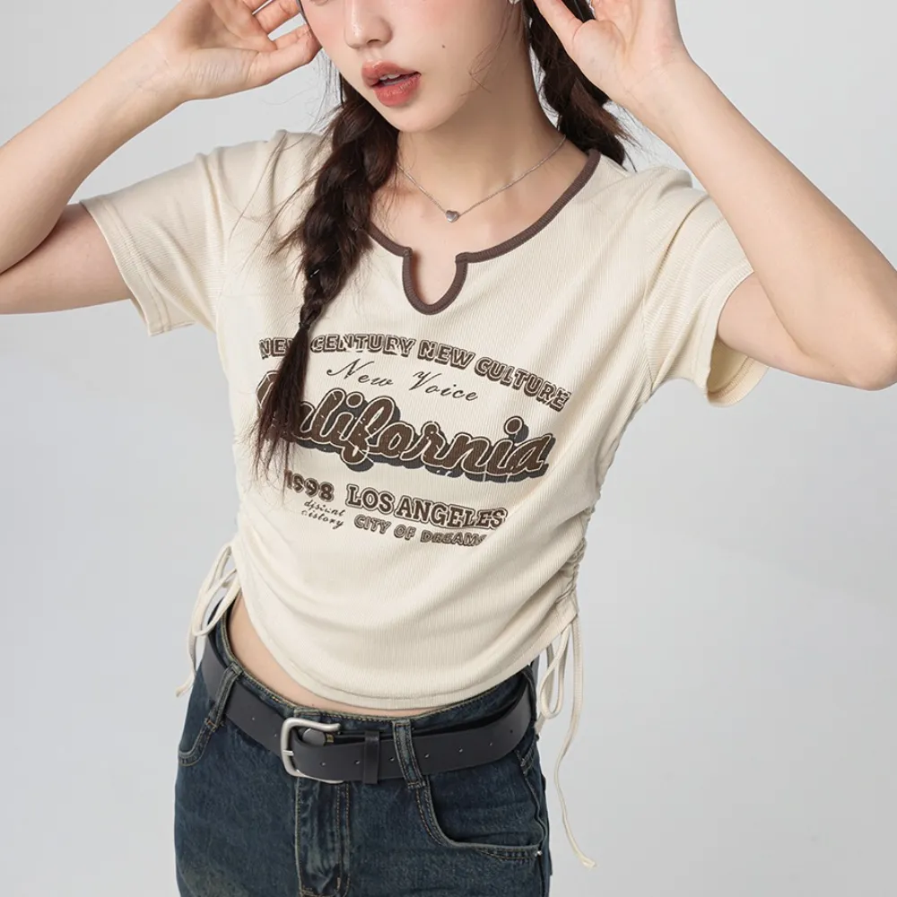 Women's Vintage Letter Drawstring T-shirt