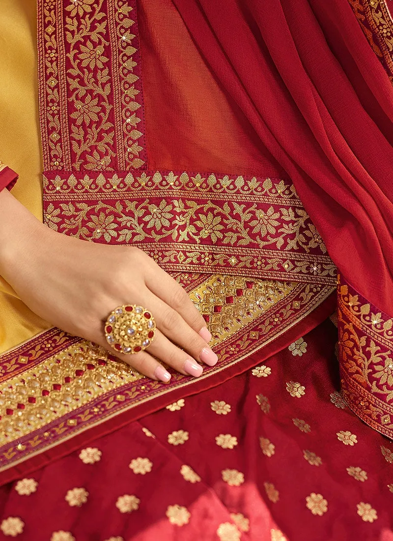 Yellow And Red Embroidered Lehenga Kurti Set