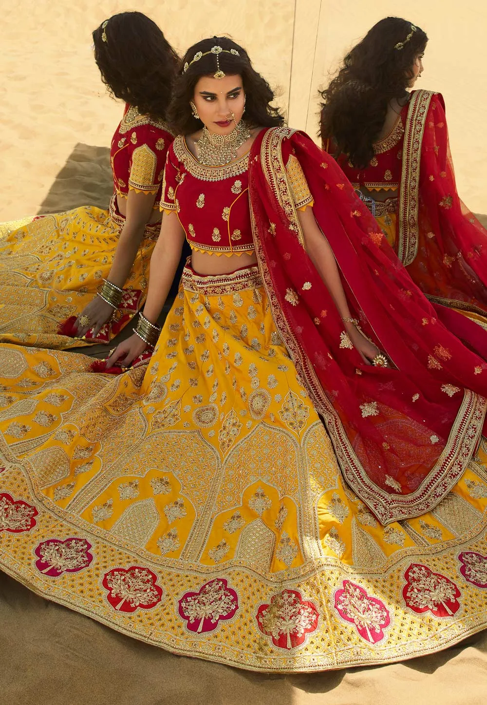 Yellow And Red Embroidered Wedding Lehenga Choli