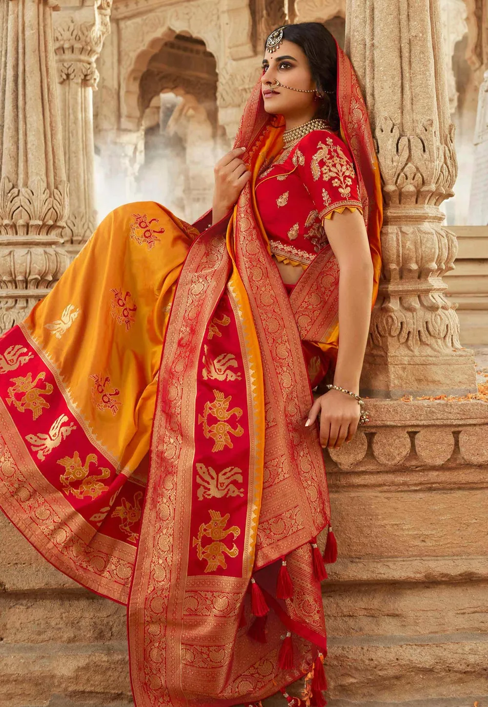Yellow And Red Embroidered Wedding Saree