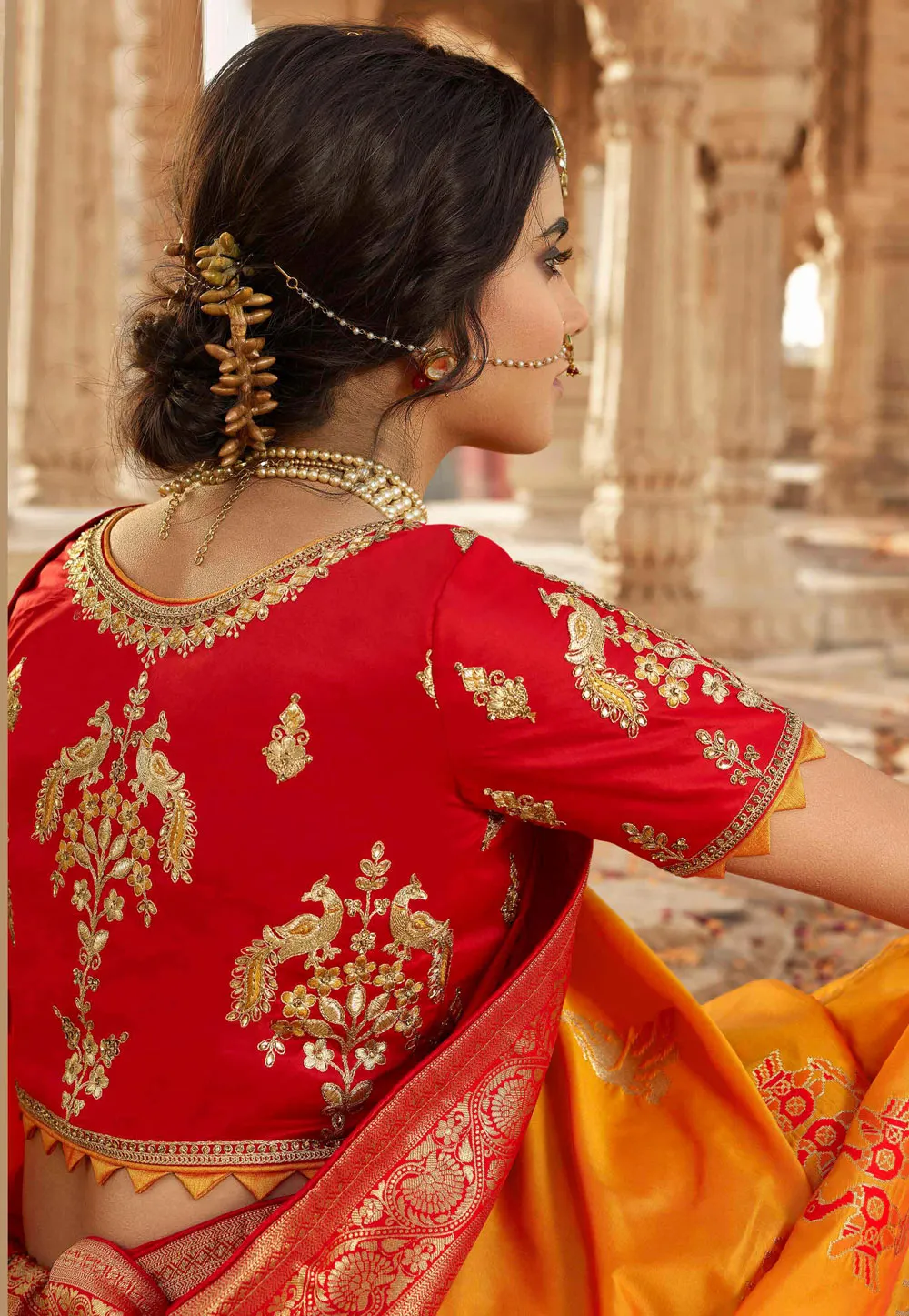 Yellow And Red Embroidered Wedding Saree