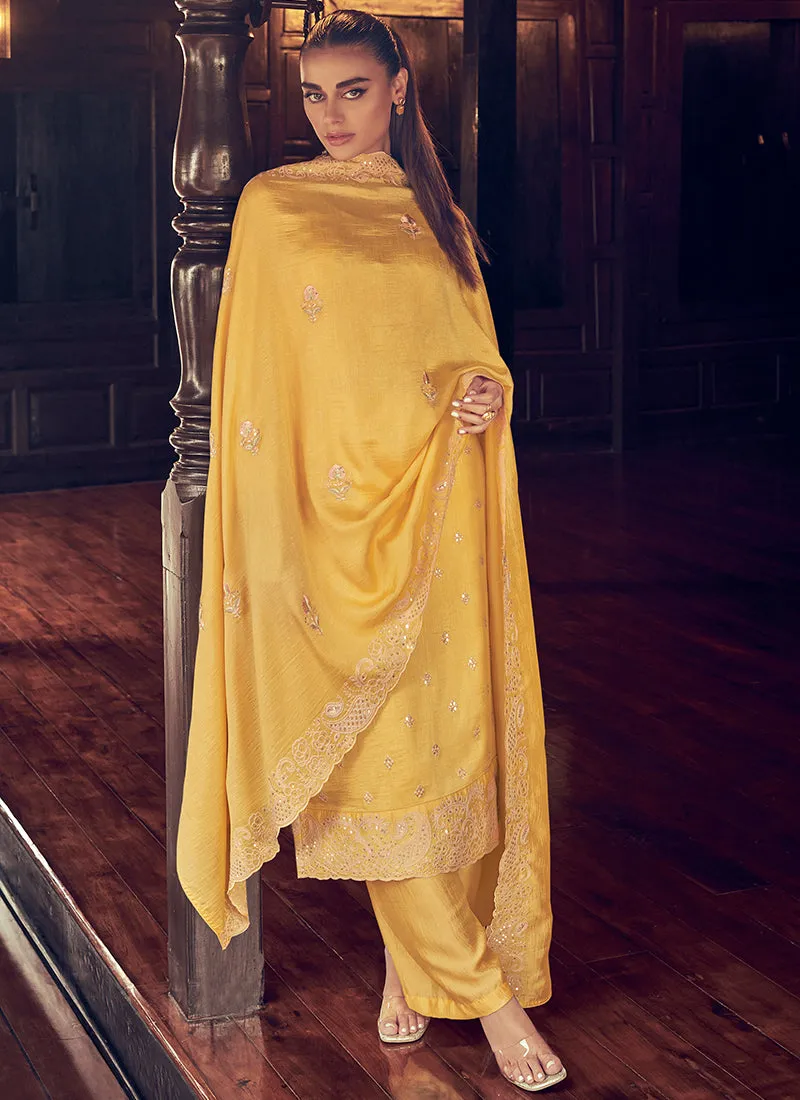 Yellow Embroidery Designer Silk Pant Style Suit