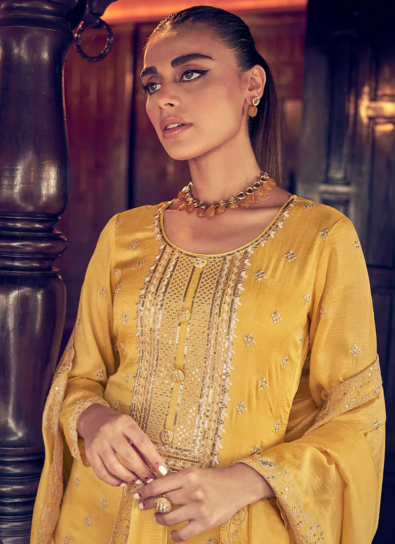 Yellow Embroidery Designer Silk Pant Style Suit