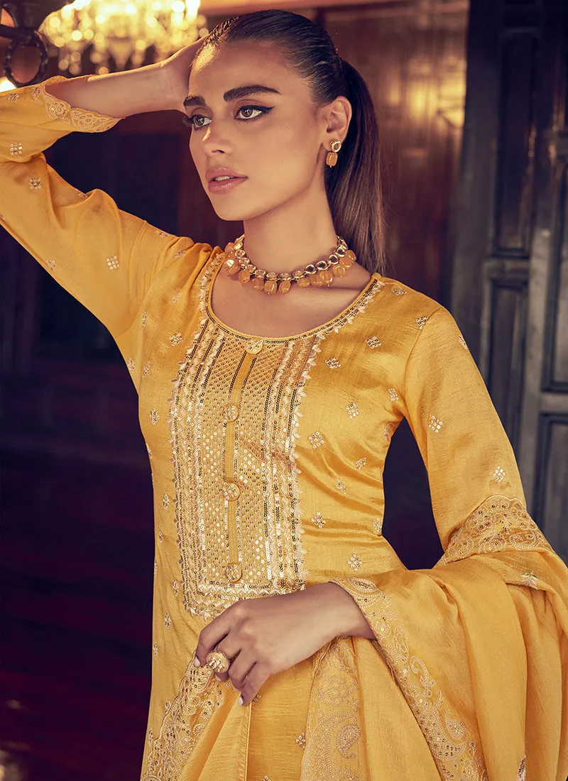 Yellow Embroidery Designer Silk Pant Style Suit