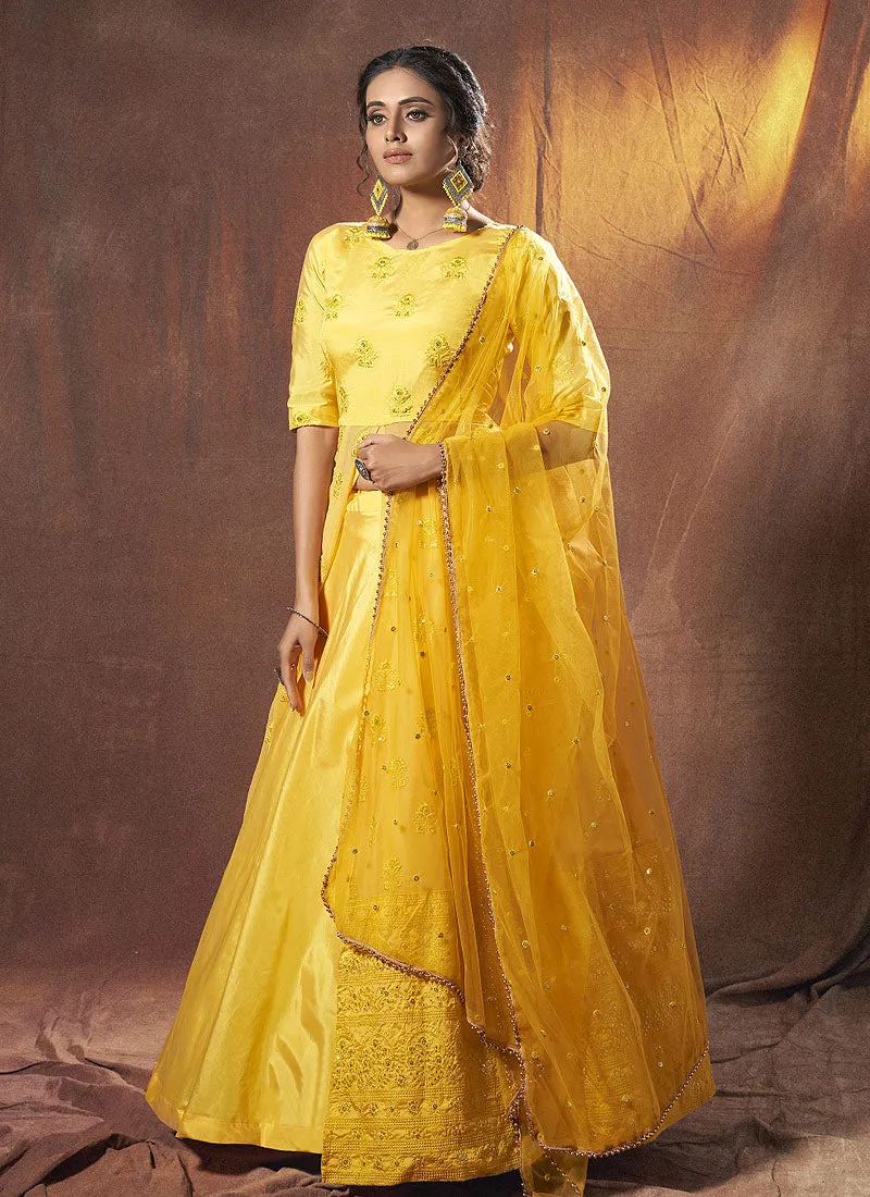 Yellow Floral Embroidered Anarkali Lehenga