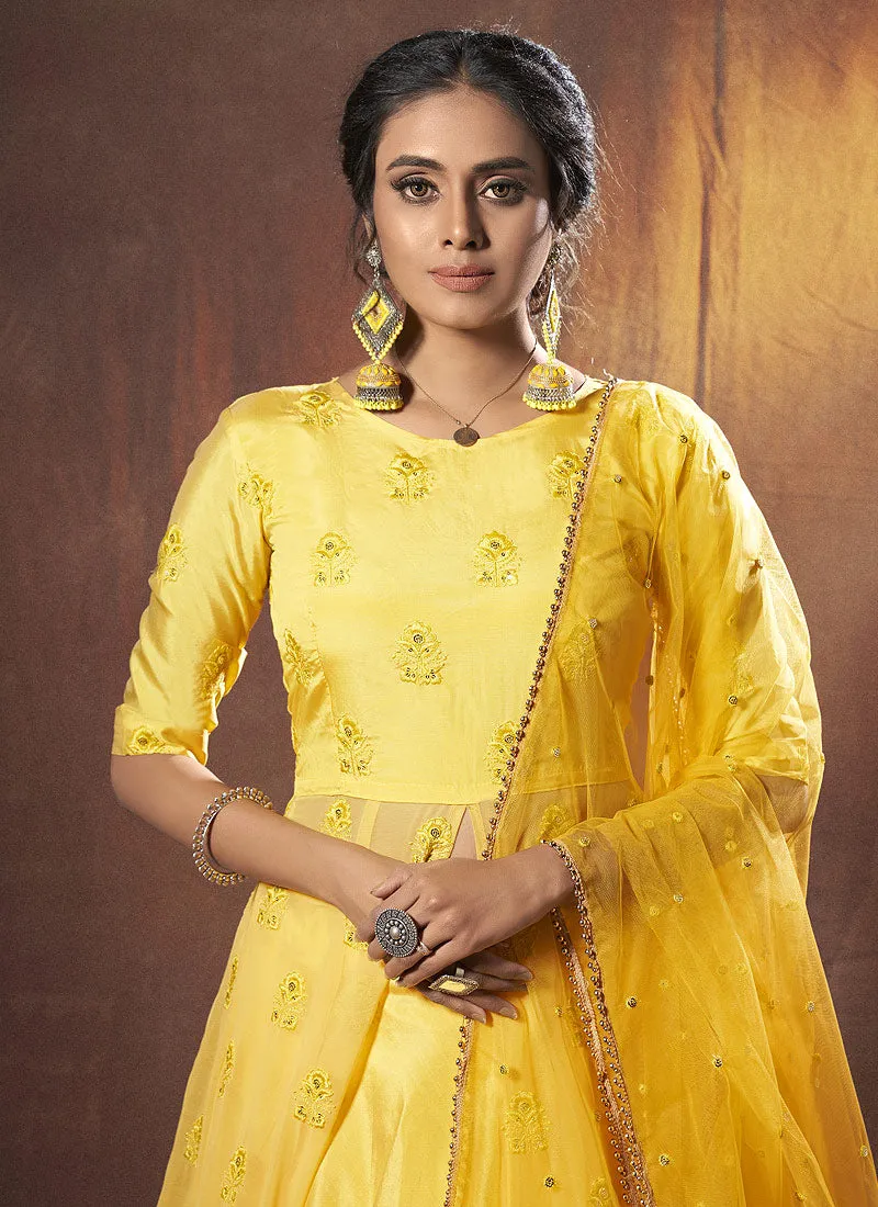 Yellow Floral Embroidered Anarkali Lehenga
