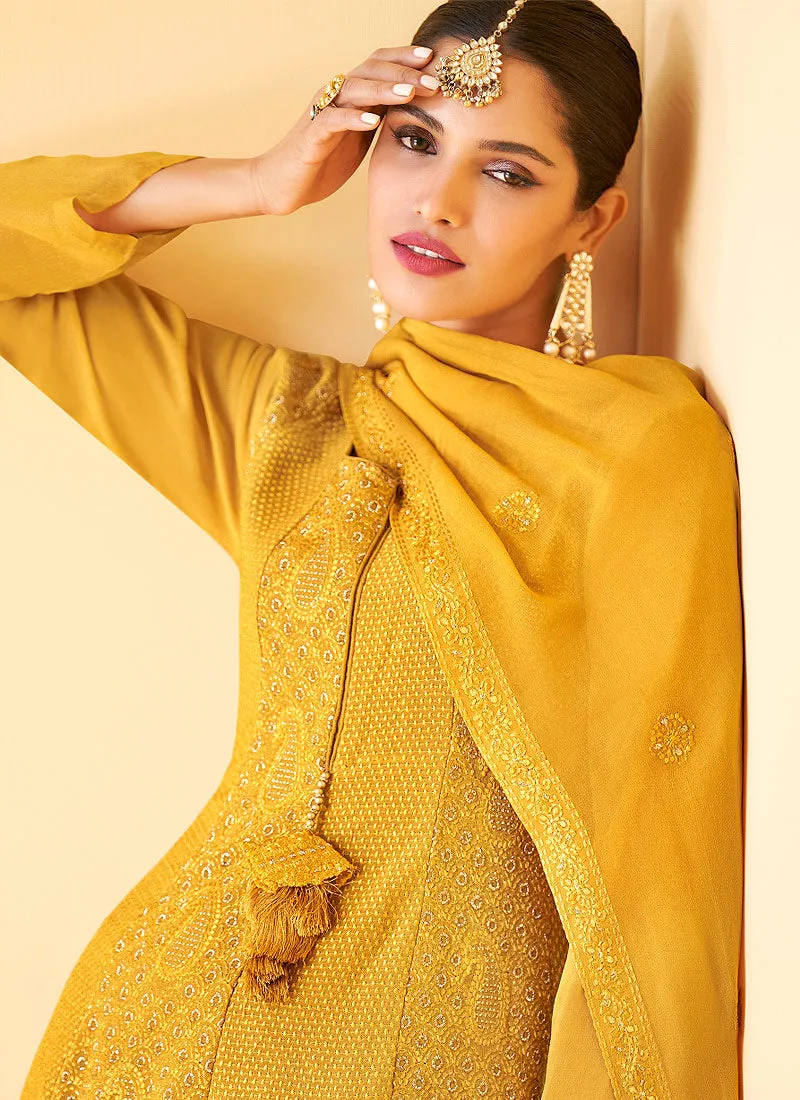Yellow Georgette Embroidered Sharara Style Suit