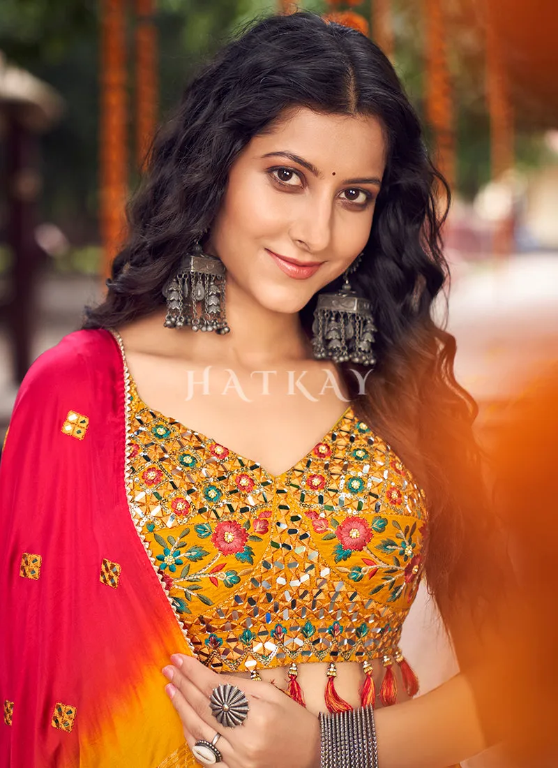 Yellow Multi Mirror Work Embroidery Satin Lehenga Choli