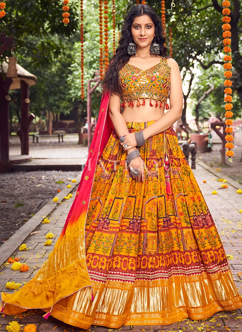 Yellow Multi Mirror Work Embroidery Satin Lehenga Choli