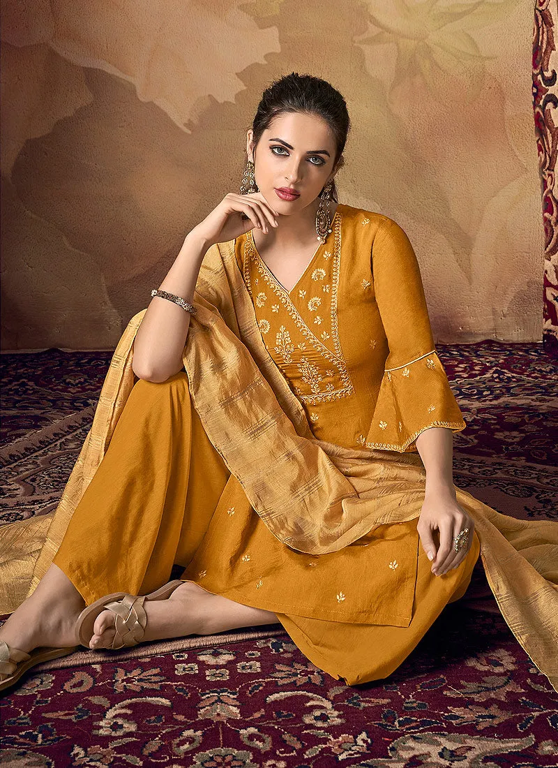 Yellow Zari Embroidered Palazzo Suit