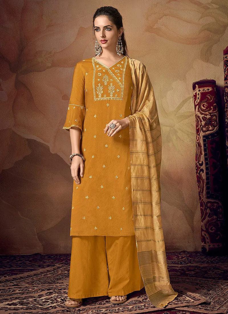 Yellow Zari Embroidered Palazzo Suit