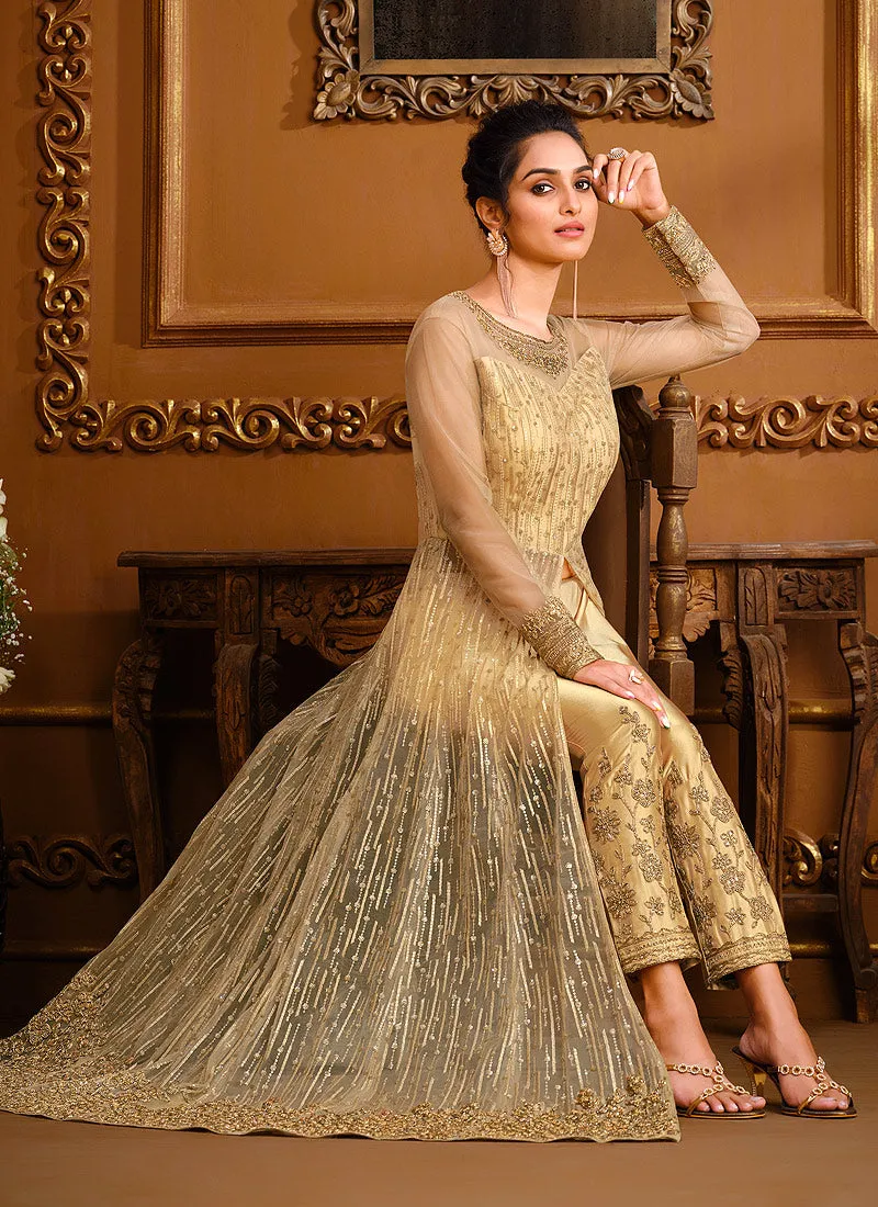 Yellow Zari Embroidered Slit Style Anarkali Pant Suit